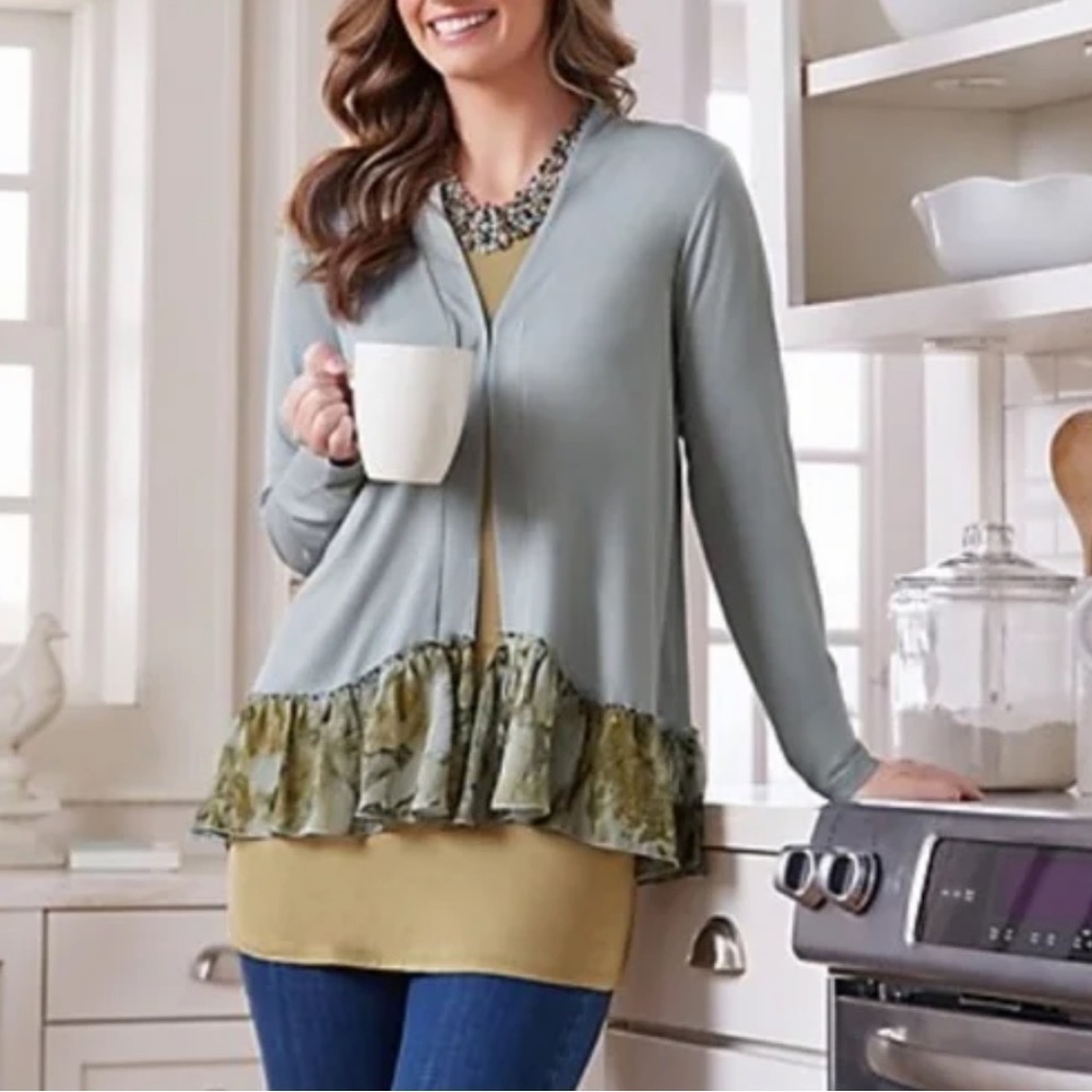 LOGO by Lori Goldstein Women’s Open Front Ruffle Cardigan Size S Chiffon - Picture 9 of 9